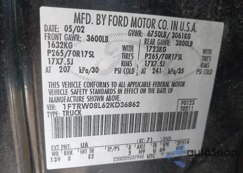 2002 Ford F-150 Lariat/Xlt из США, поврежденный, VIN 1FTRW08L62KD36862